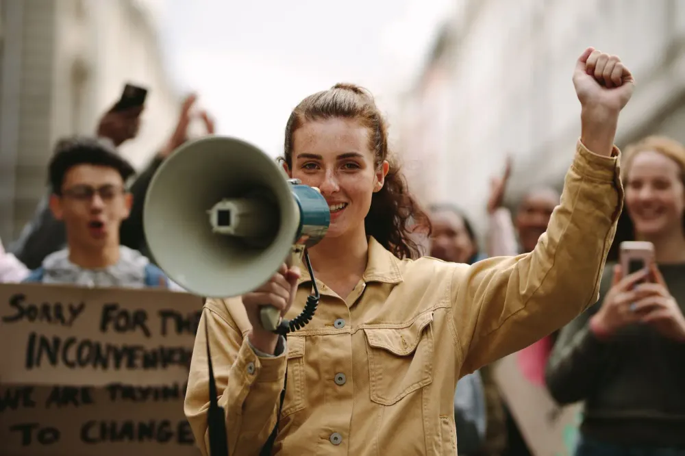 woman with megaphone during a strike